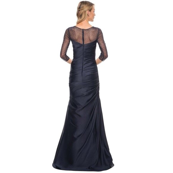 La Femme Womens 14 Navy Blue Satin Illusion Beaded Mermaid Formal Gownever wore. - Picture 3 of 12